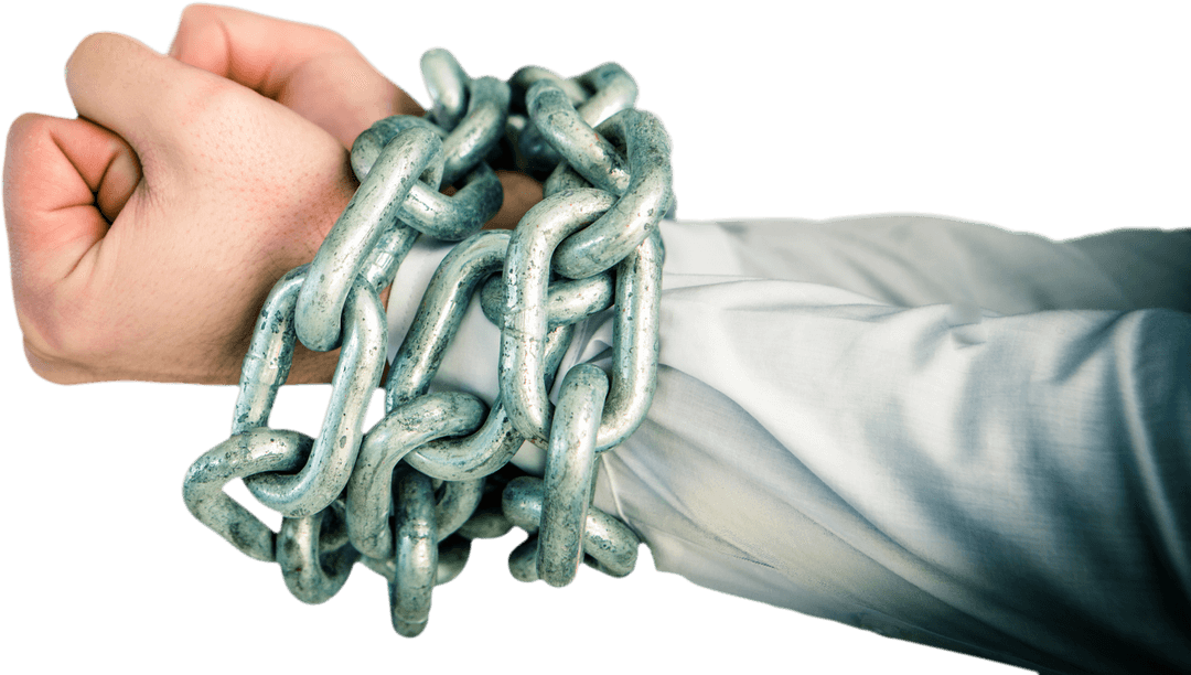 Hand Bound by Heavy Chains Representing Restriction on Transparent Background