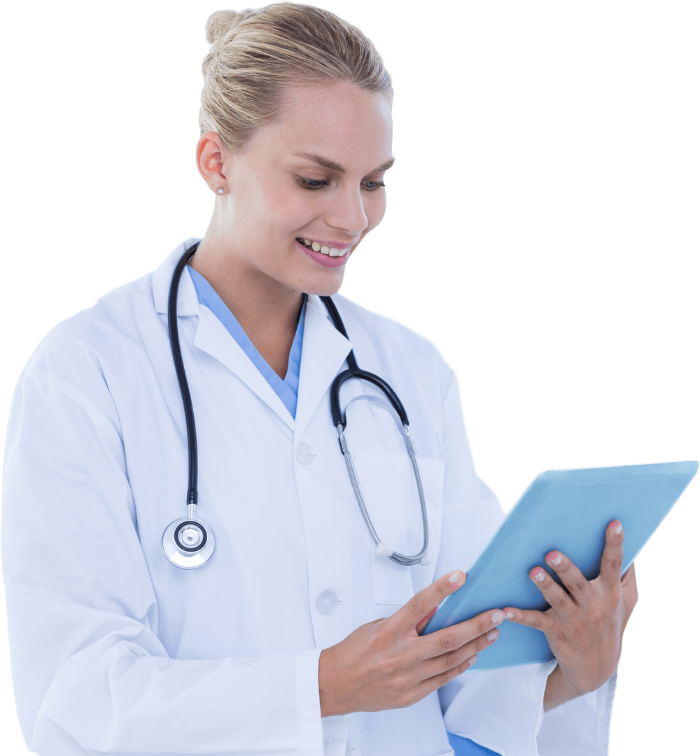 Smiling Female Doctor with Tablet and Stethoscope Transparent Background