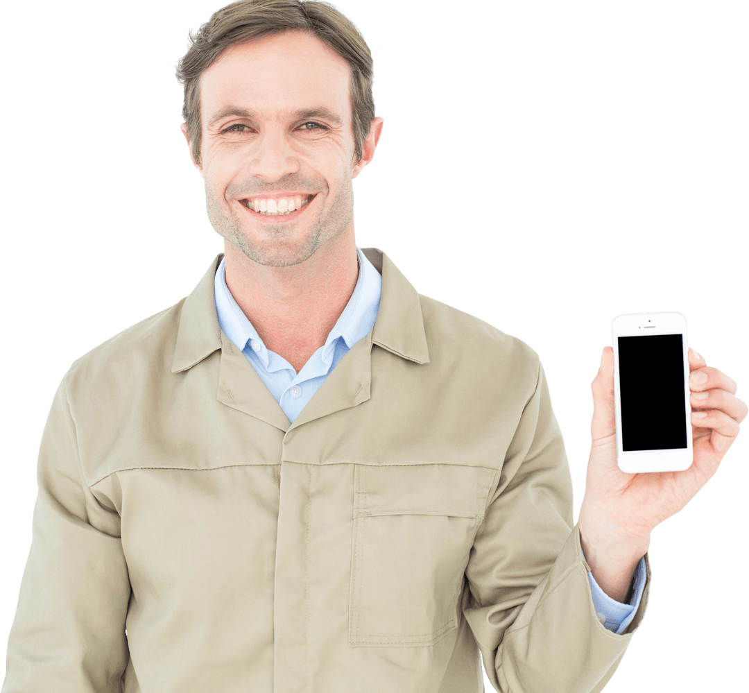 Transparent Background: Smiling Delivery Man Showing Smartphone