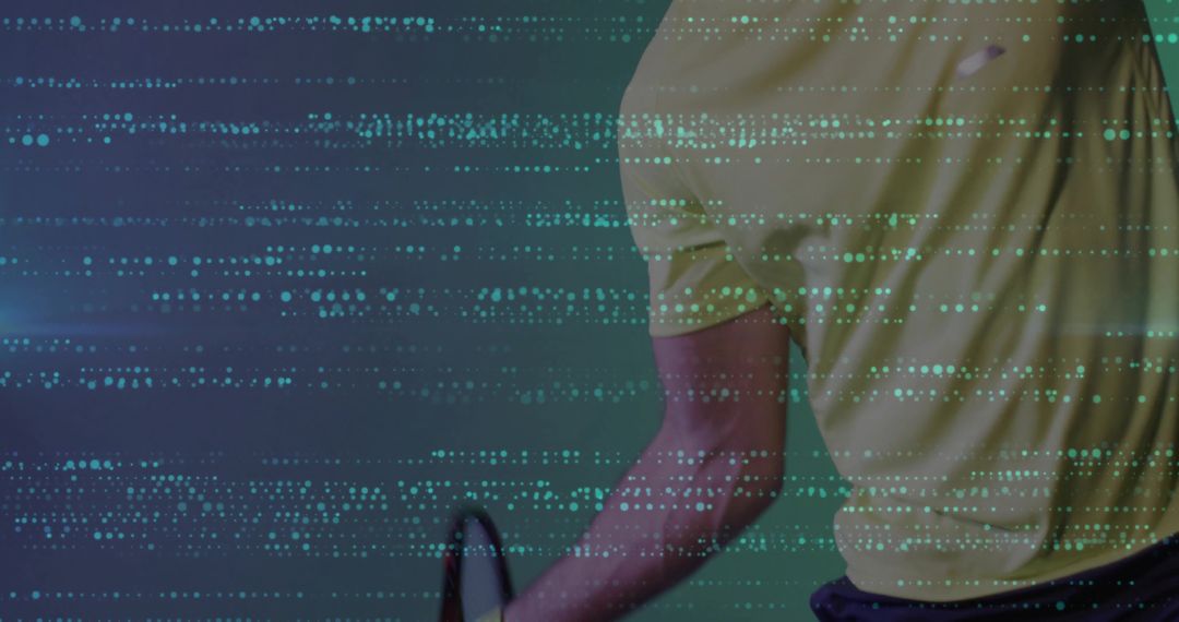 Athlete with Tennis Racket in Digital Code Environment