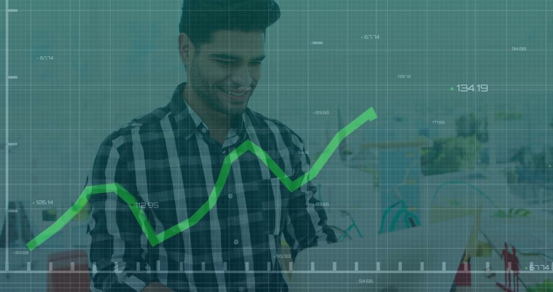 Casual Businessman Analyzing Data with Graph Overlay Concept