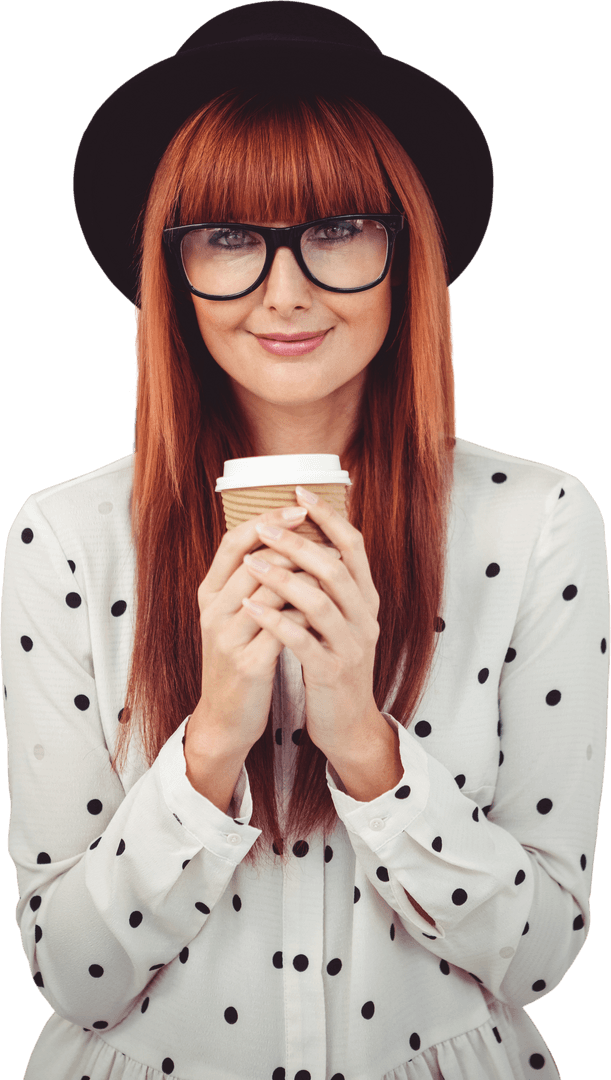 Transparent Smiling Hipster Woman with Coffee