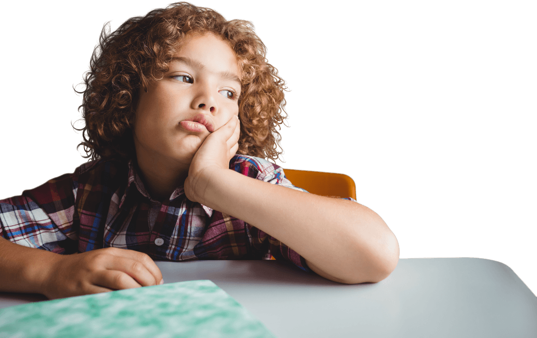 Bored Boy Sitting at Desk on Transparent Background