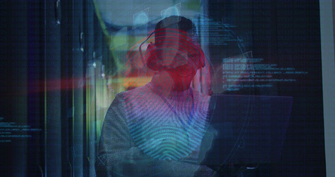 IT Professional Monitoring Server Room with Digital Fingerprint Overlay