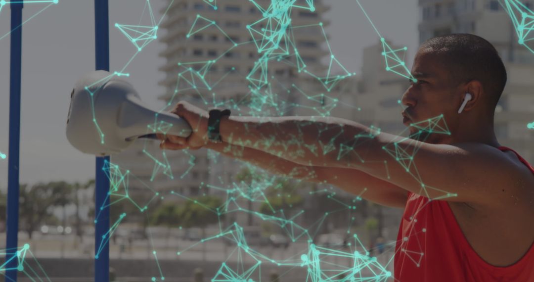 Tech Network Overlay on Athlete with Kettlebell in Urban Environment