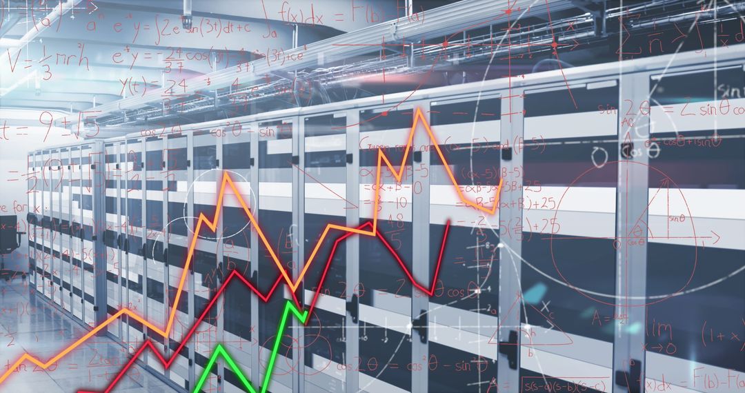 Analytics and Equations Overlaying Server Room Technology Hub