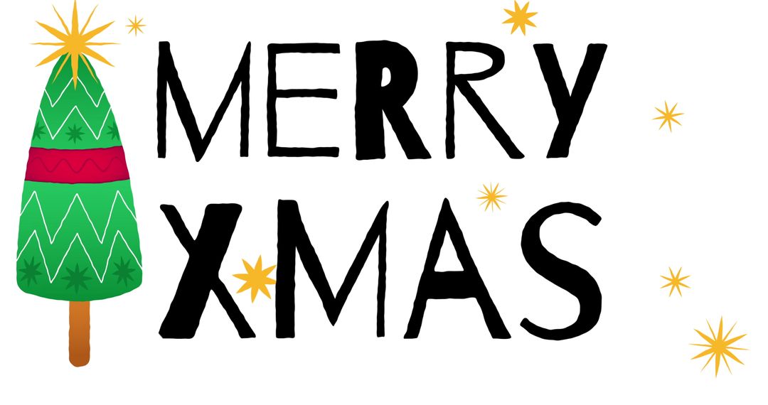 Festive Merry Xmas Text with Christmas Tree Illustration