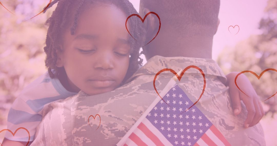 Child Hugging Military Parent with USA Flag and Hearts - Free Images, Stock Photos and Pictures on Pikwizard.com