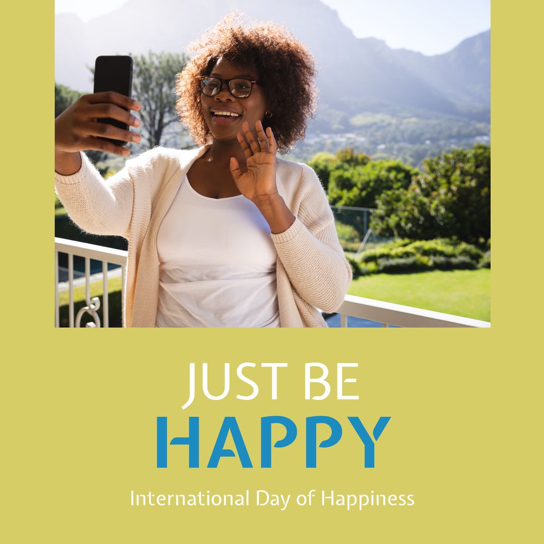 Smiling African American Woman Video Calling on International Day of Happiness