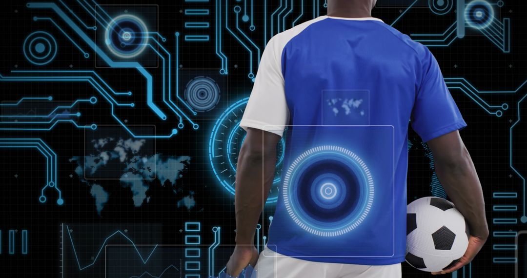 Soccer Player Analyzing Futuristic Sports Technology Interface