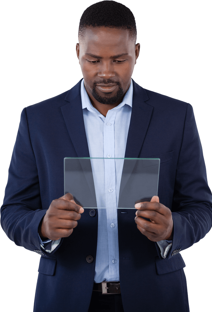 Confident Businessman Using Transparent Glass Digital Tablet