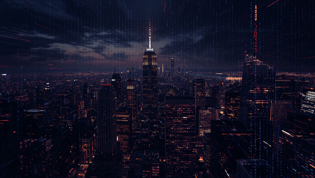Empire State Building Nightscape with Digital Code Overlay