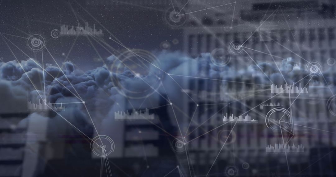 Modern Cityscape with Digital Interface and Data Connections Overlay