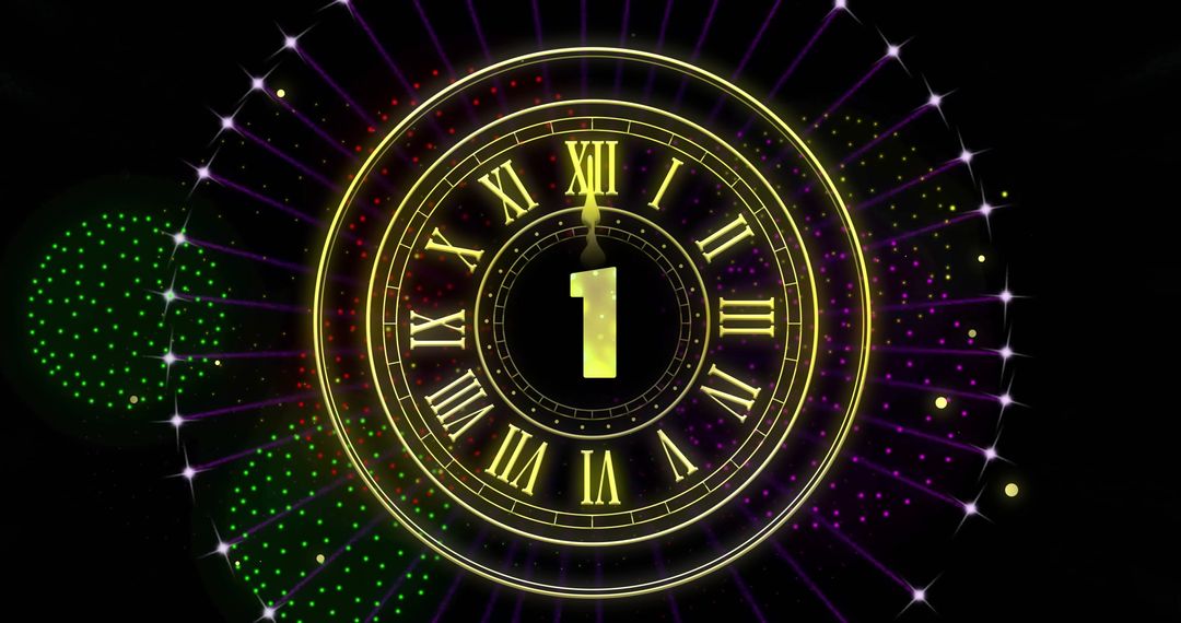 Festive New Year's Clock with Colorful Fireworks