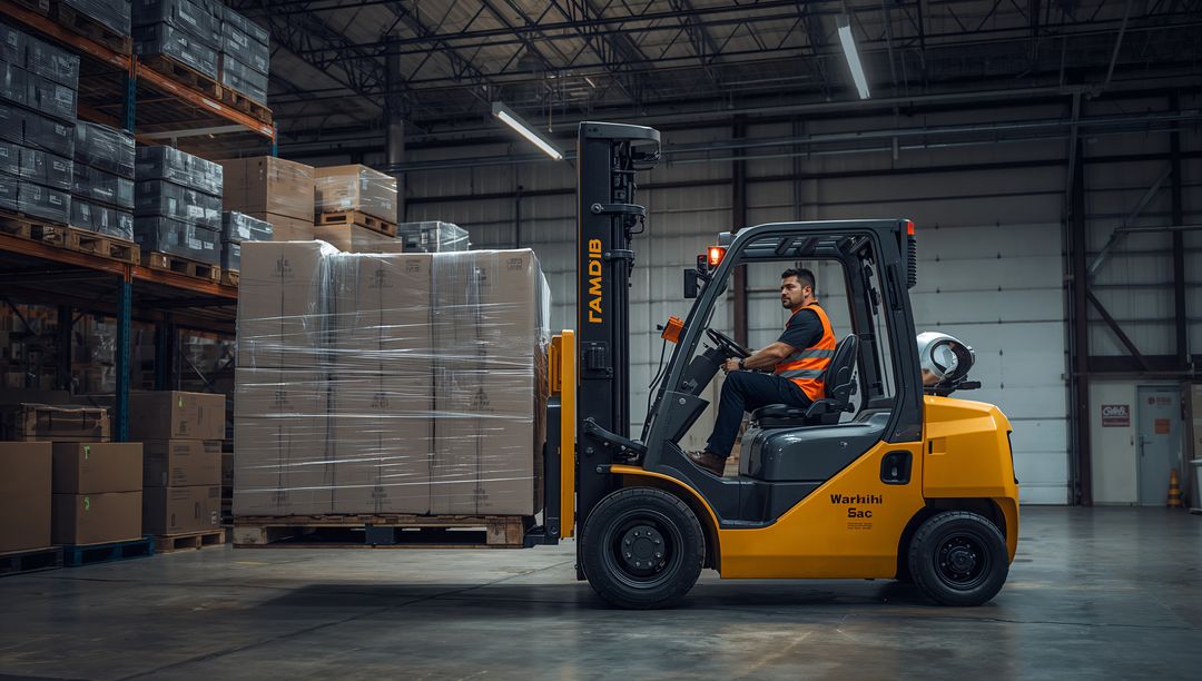 Warehouse forklift operator wearing hi-vis vest moving wrapped pallet on propane forklift
