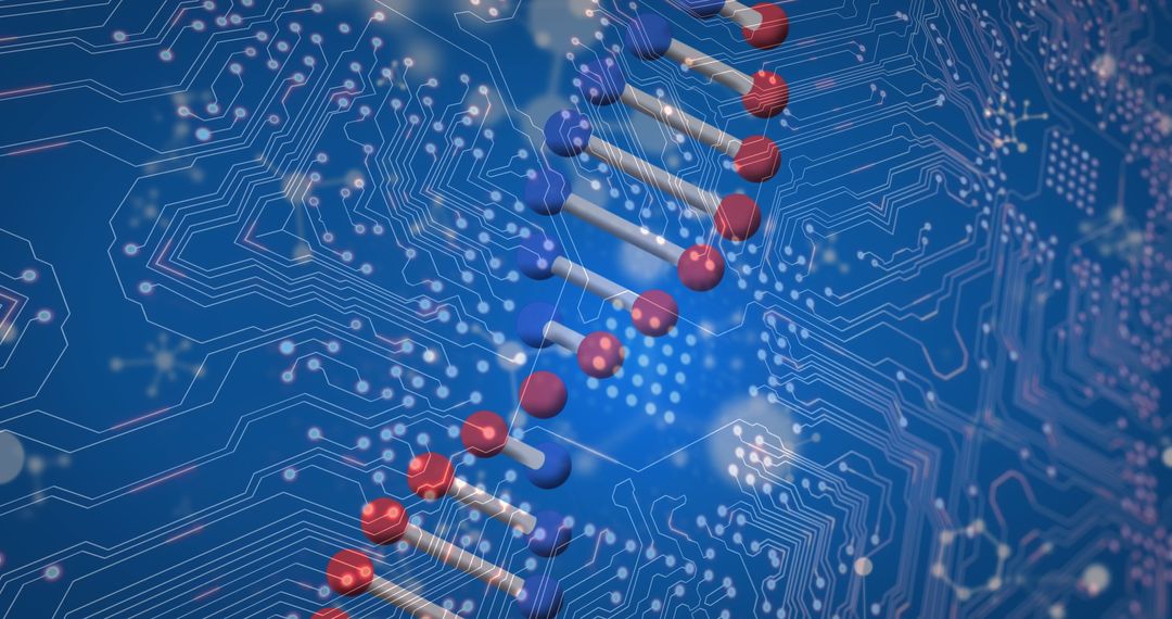 DNA Strand Overlay on Futuristic Circuit Board