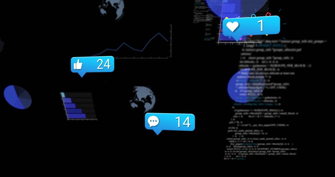 Displaying floating social media notifications over dark analytics dashboard with metrics