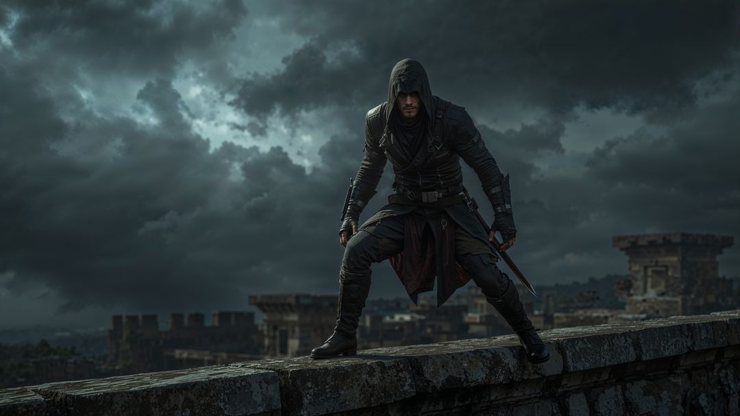 Crouching assassin warrior on fortress wall under stormy sky with sword and dagger
