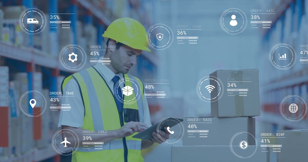 Warehouse Worker Using Digital Tablet with Logistics Data