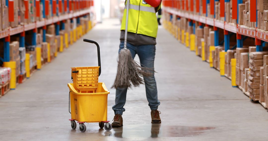 Warehouse Worker Cleaning Floor with Mop and Bucket - Free Images, Stock Photos and Pictures on Pikwizard.com