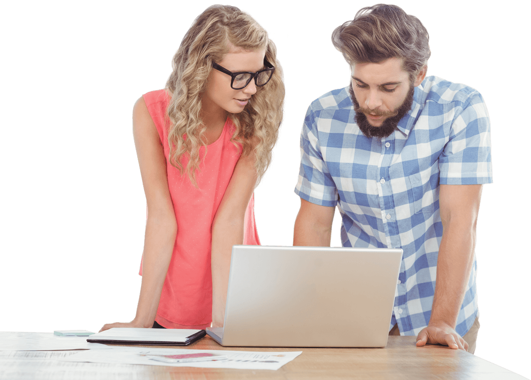 Transparent Background Professionals Discussing Project at Laptop