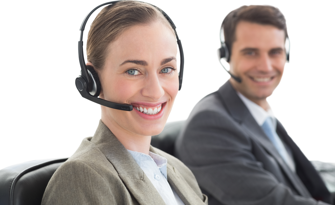 Smiling Business Colleagues with Headsets on Transparent Background Vector - Download Free Stock Images Pikwizard.com