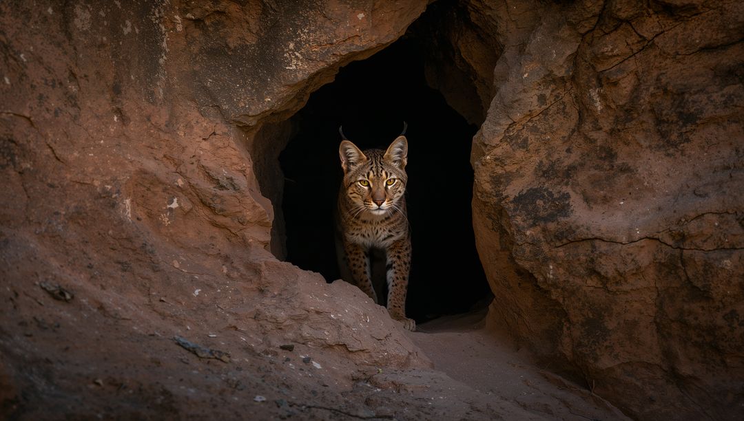 Bobcat peering from sandstone den on desert outcrop with sandy ledge
