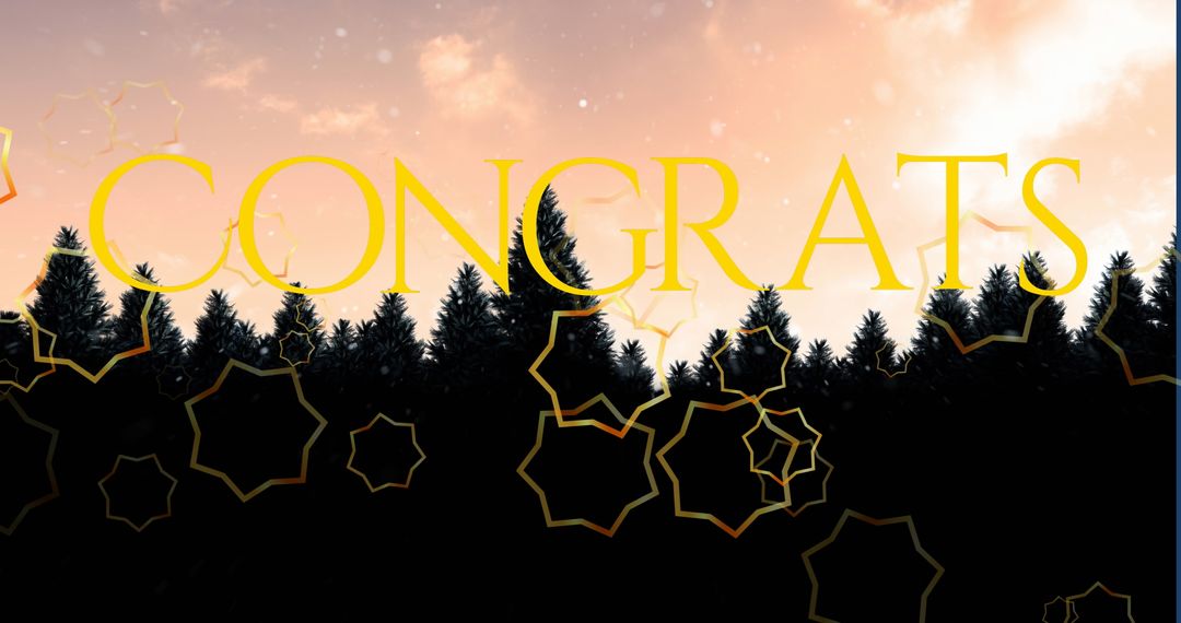 Golden Congrats Text with Forest Silhouette and Star Decorations