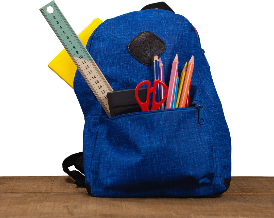 Transparent Blue Backpack with School Supplies on Table