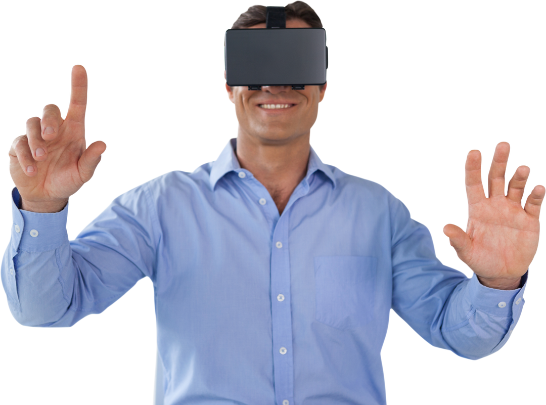 Smiling Businessman Wearing VR Glasses Touching Transparent Interface - Download Free Stock Images Pikwizard.com