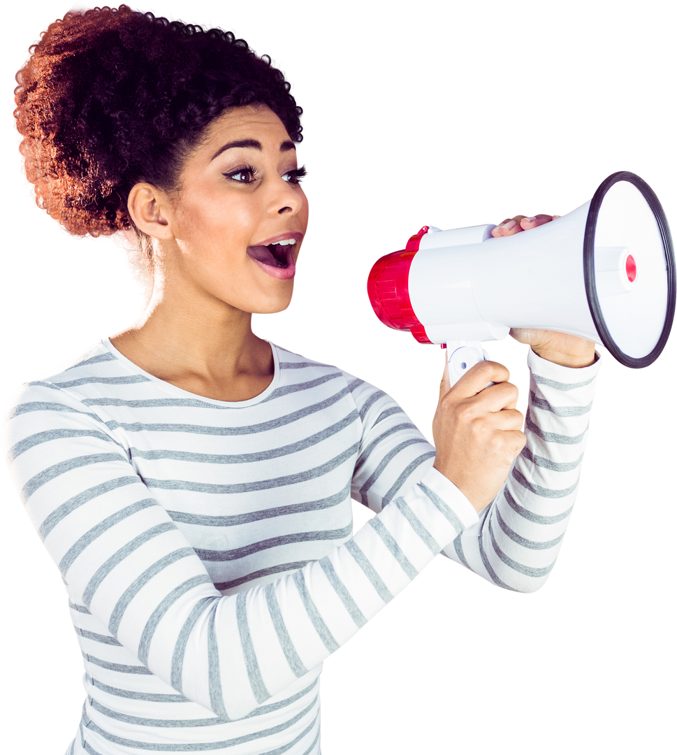 Transparent woman with curly hair using megaphone for announcement - Download Free Stock Images Pikwizard.com