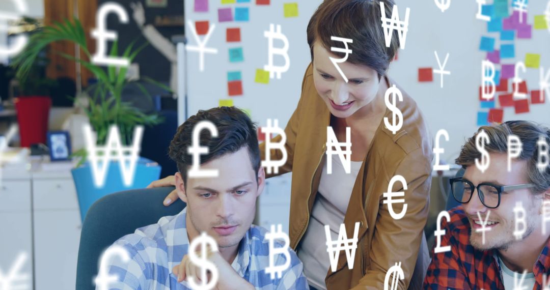 Currency Symbols Overlay Diverse Colleagues Collaborating in Office