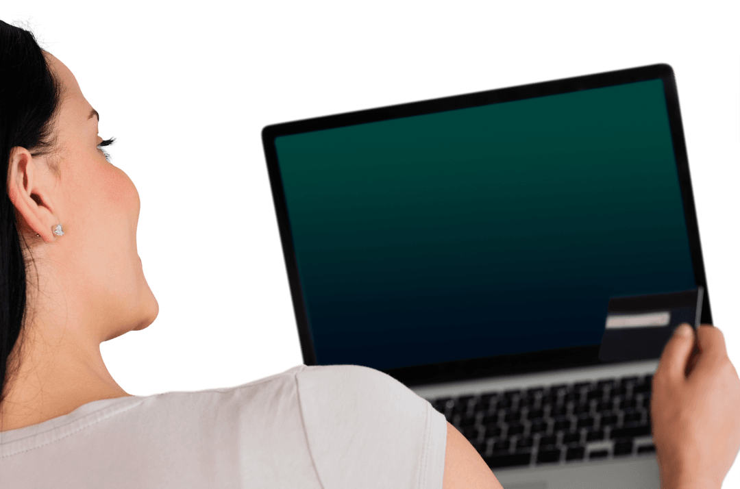 Woman Viewing Transparent Laptop Screen with Credit Card Return