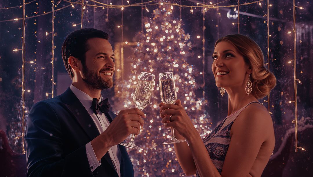 Couple Toasting in Elegant Holiday Setting with Sparkling Lights