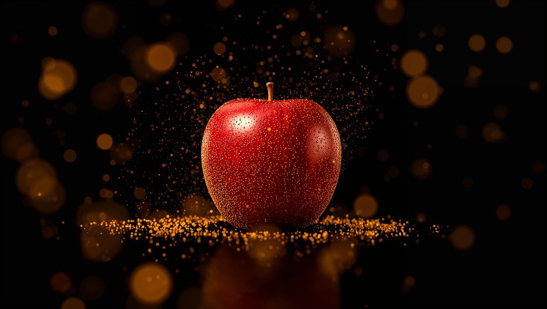 Luxurious Red Apple with Golden Bokeh Sparkle