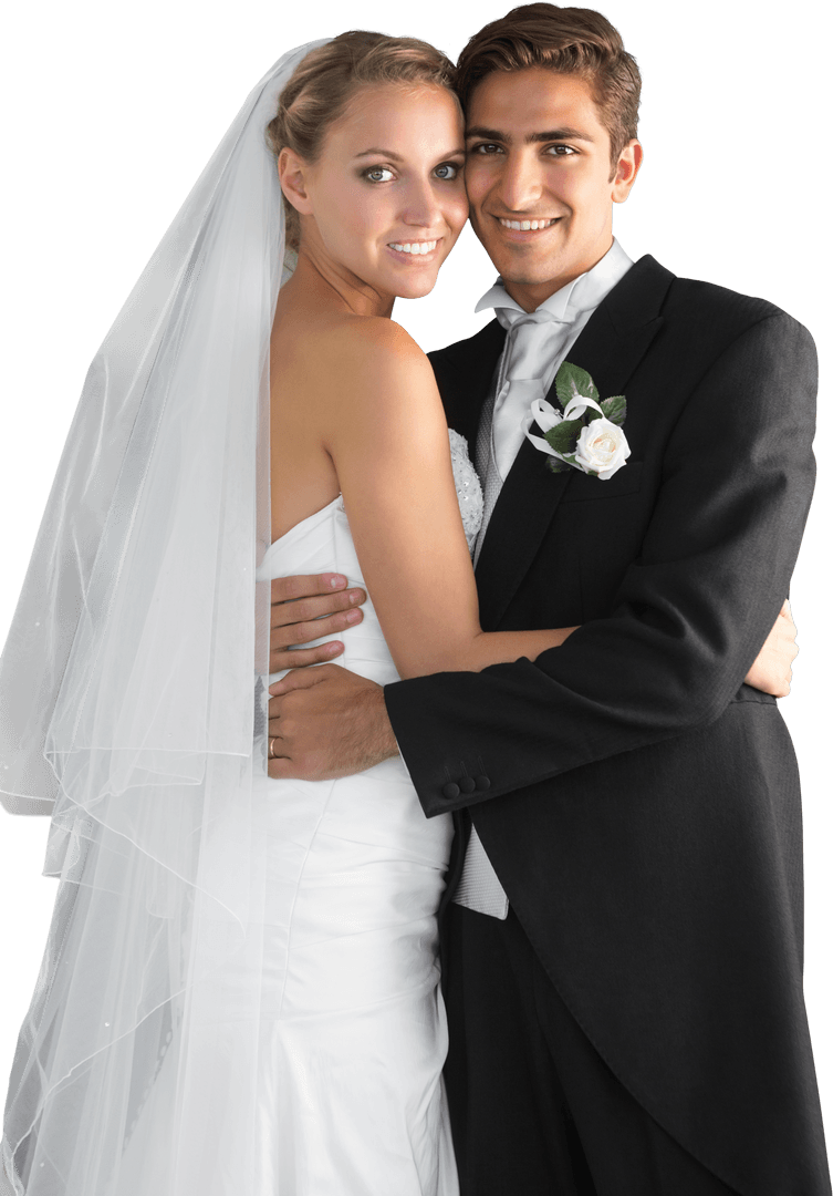 Transparent Happy Couple Embracing in Wedding Attire