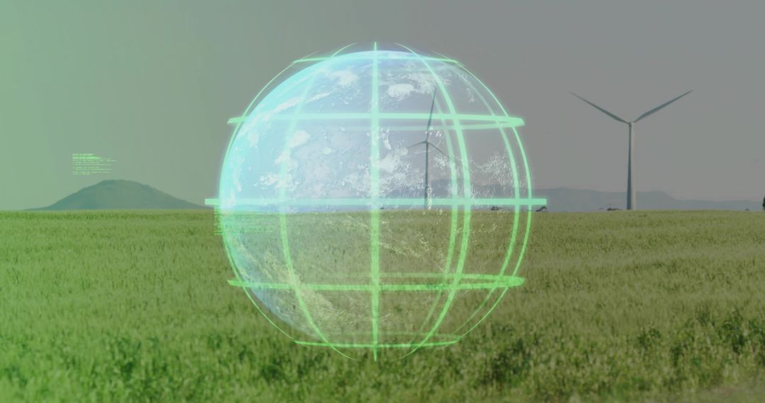 Holographic Green Globe Hovering Over Wind Farm Visualizing Renewable Energy Mapping Data
