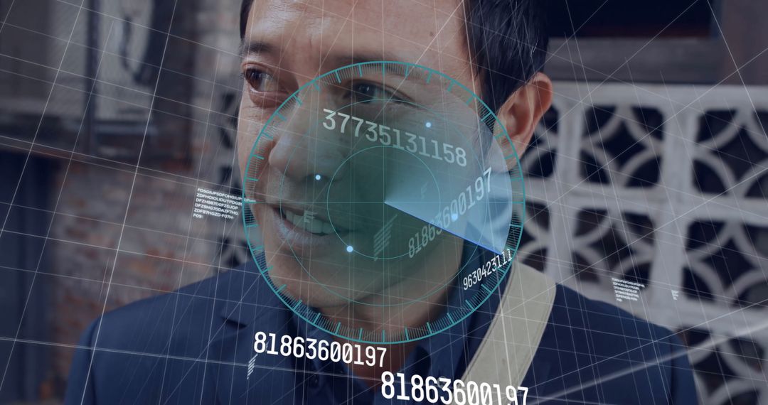 Asian Man Analyzing Holographic Data in Urban Environment