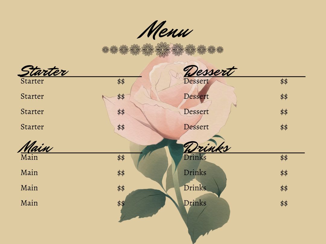 Elegant Rose-Themed Menu for Romantic Dining Events - Download Free Stock Templates Pikwizard.com