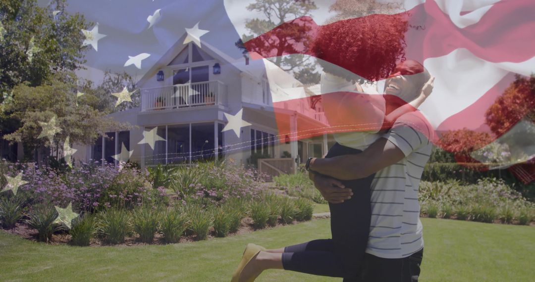 Joyful Couple Sharing Moment on American Flag Overlay in Residential Garden