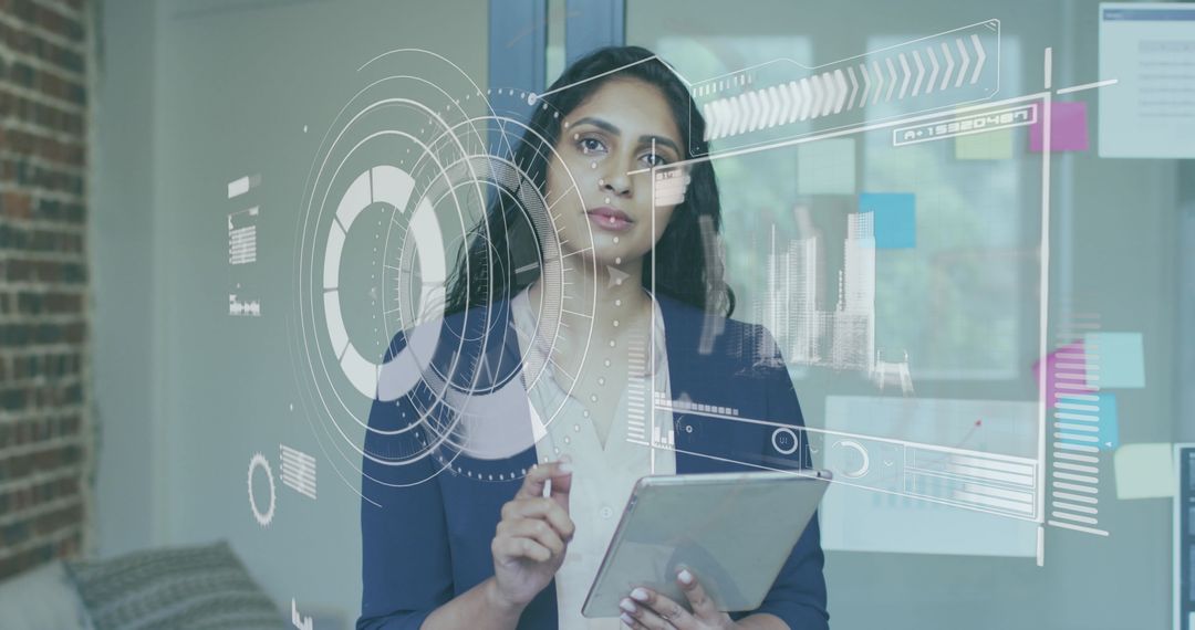 Focused Businesswoman Analyzing Digital Graphs on Transparent Interface