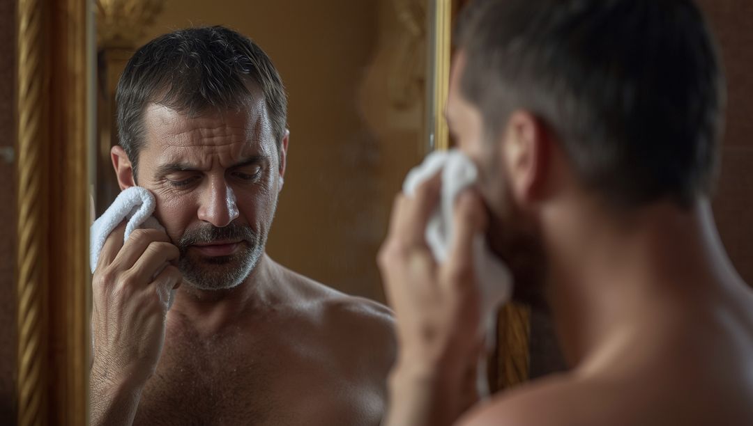 Elegant Man Practicing Self-Care with Towel Reflection