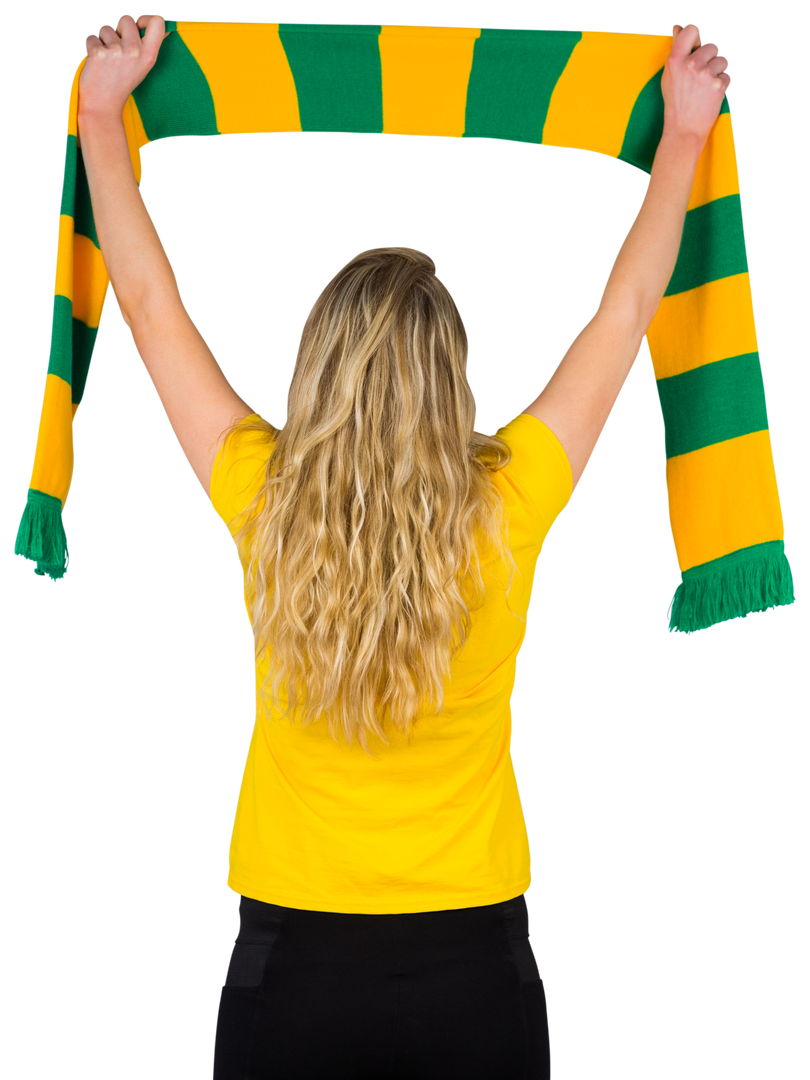 Excited Woman Holding Green and Yellow Striped Soccer Scarf Transparent Background - Download Free Stock Images Pikwizard.com