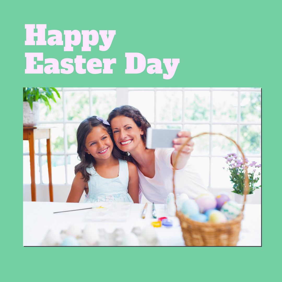 Mother and Daughter Taking Easter Selfie with Painted Eggs