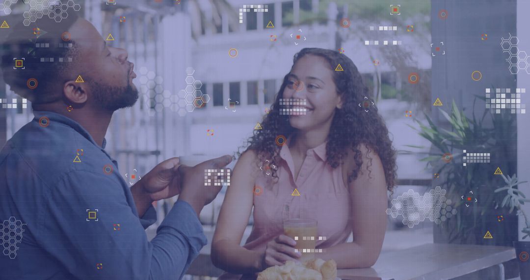 Couple Enjoying Romantic Patio Brunch with Digital Overlay Graphics