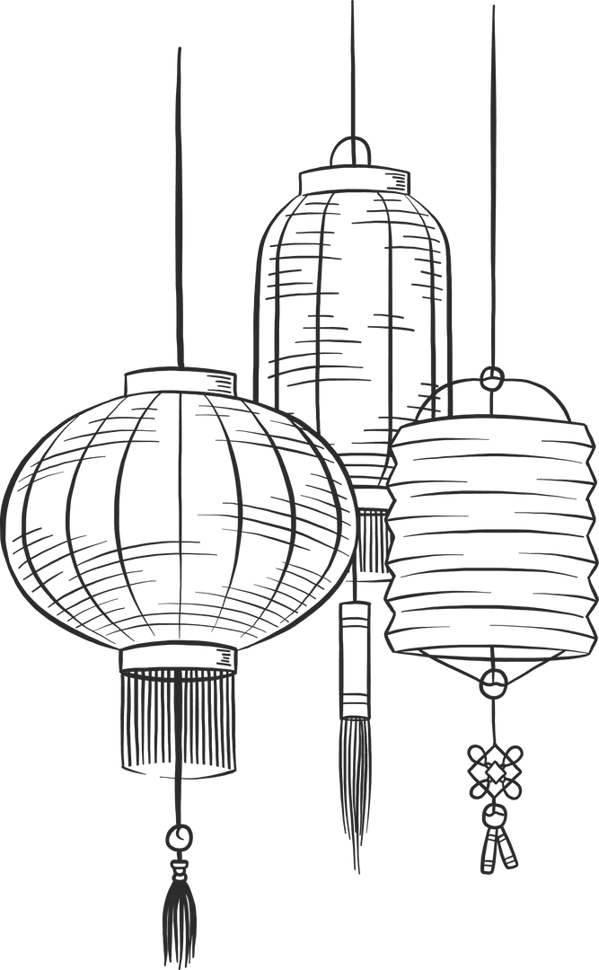 Traditional Chinese Lanterns with Tassels on Transparent Background