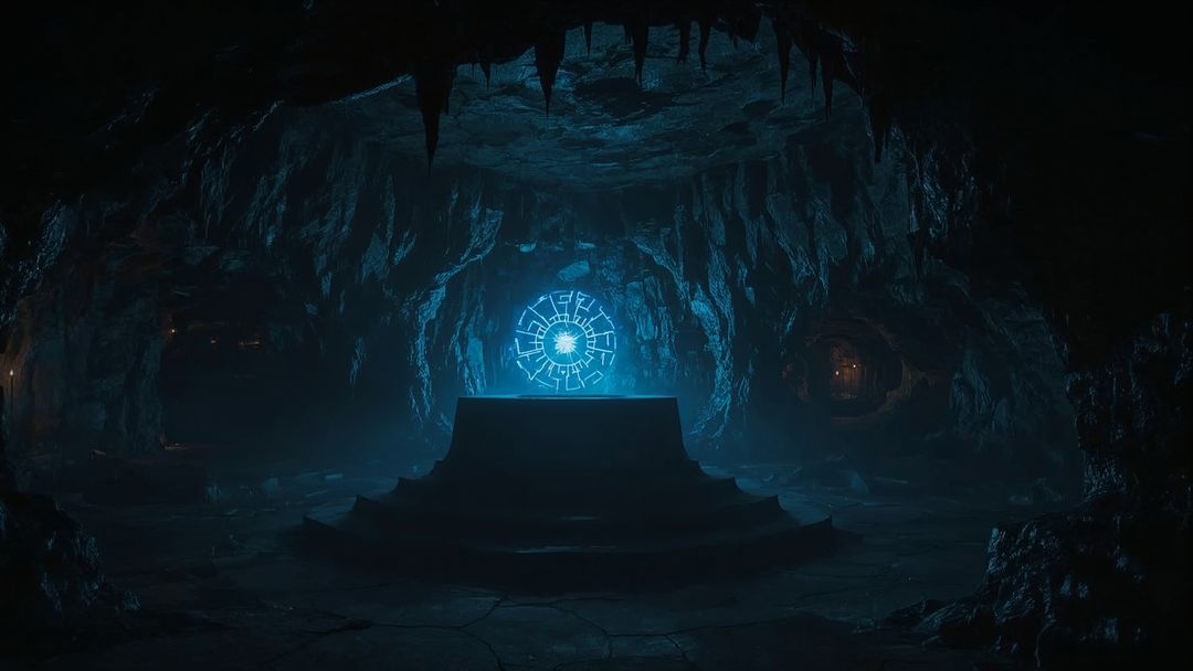 Glowing Blue Glyph Above Pedestal in Mysterious Cave