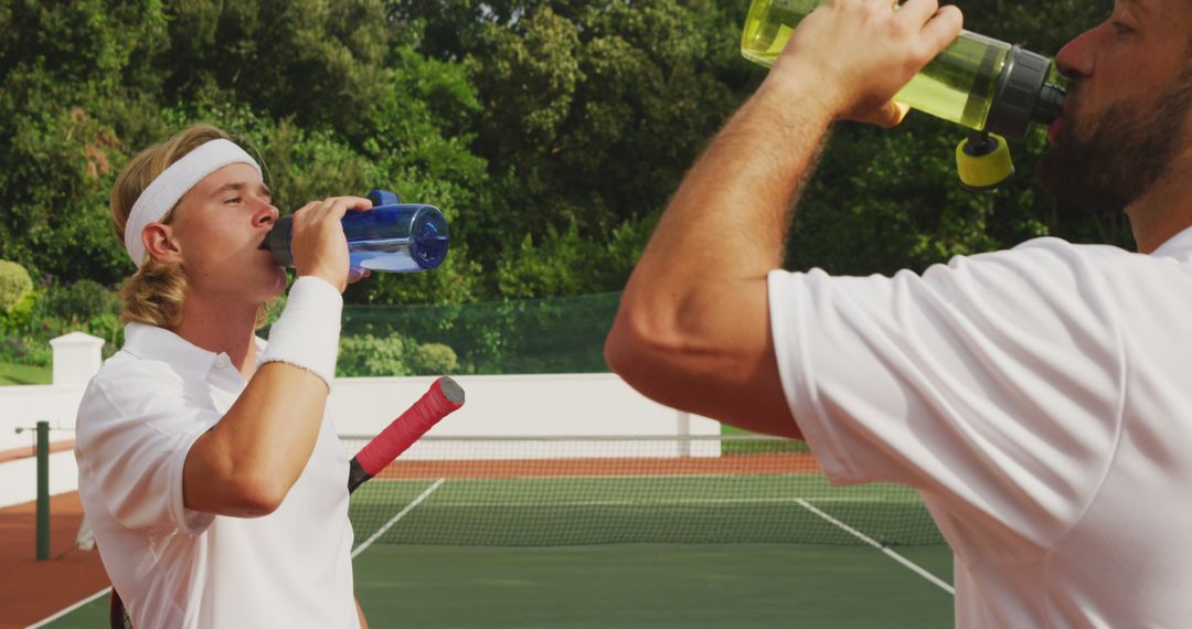 Male Athletes Hydrating on Tennis Court After Training Session - Free Images, Stock Photos and Pictures on Pikwizard.com