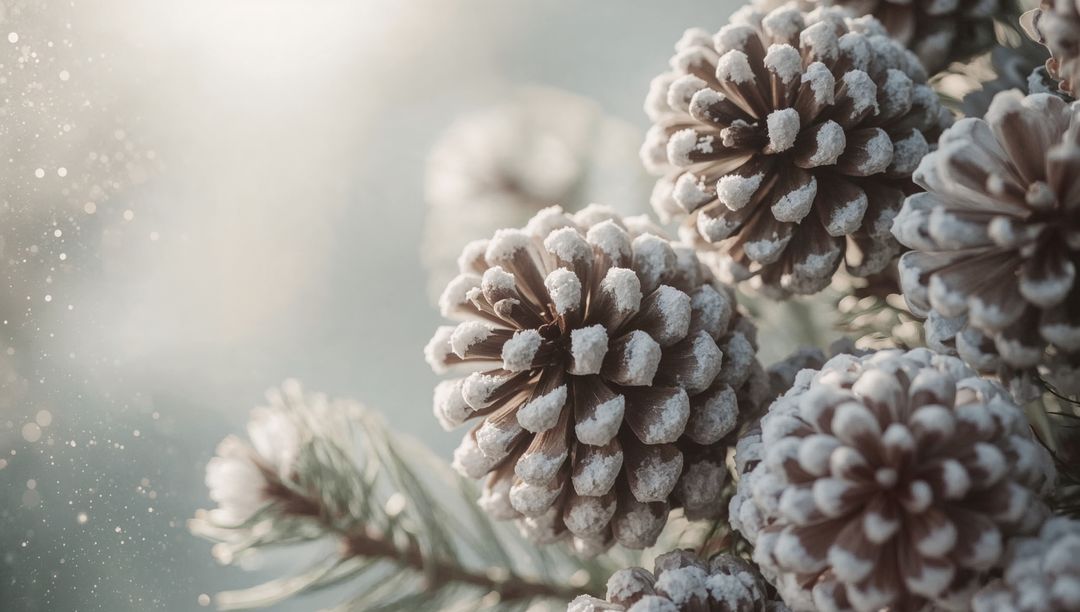 Frost-Dusted Pinecone Cluster on Evergreen Branch with Soft Backlight