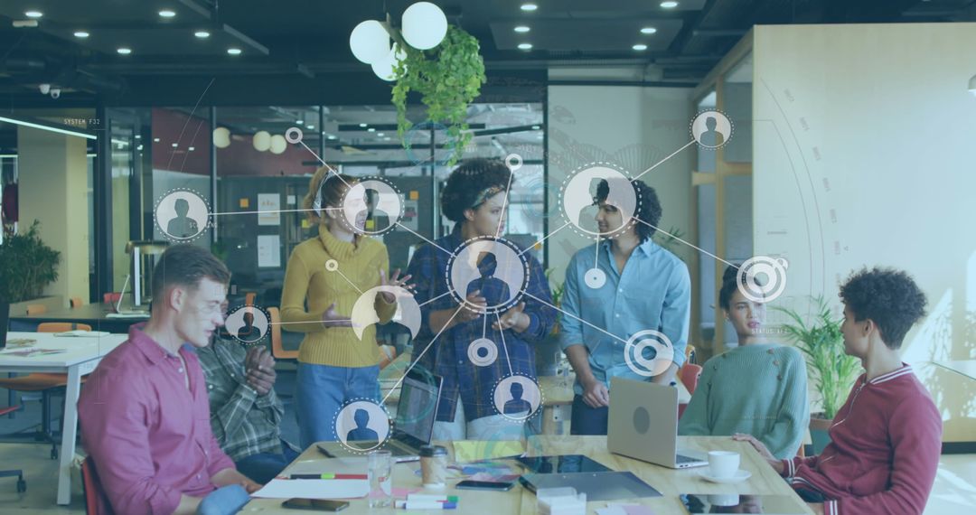 Diverse Team Collaborating with Network Visual Overlay